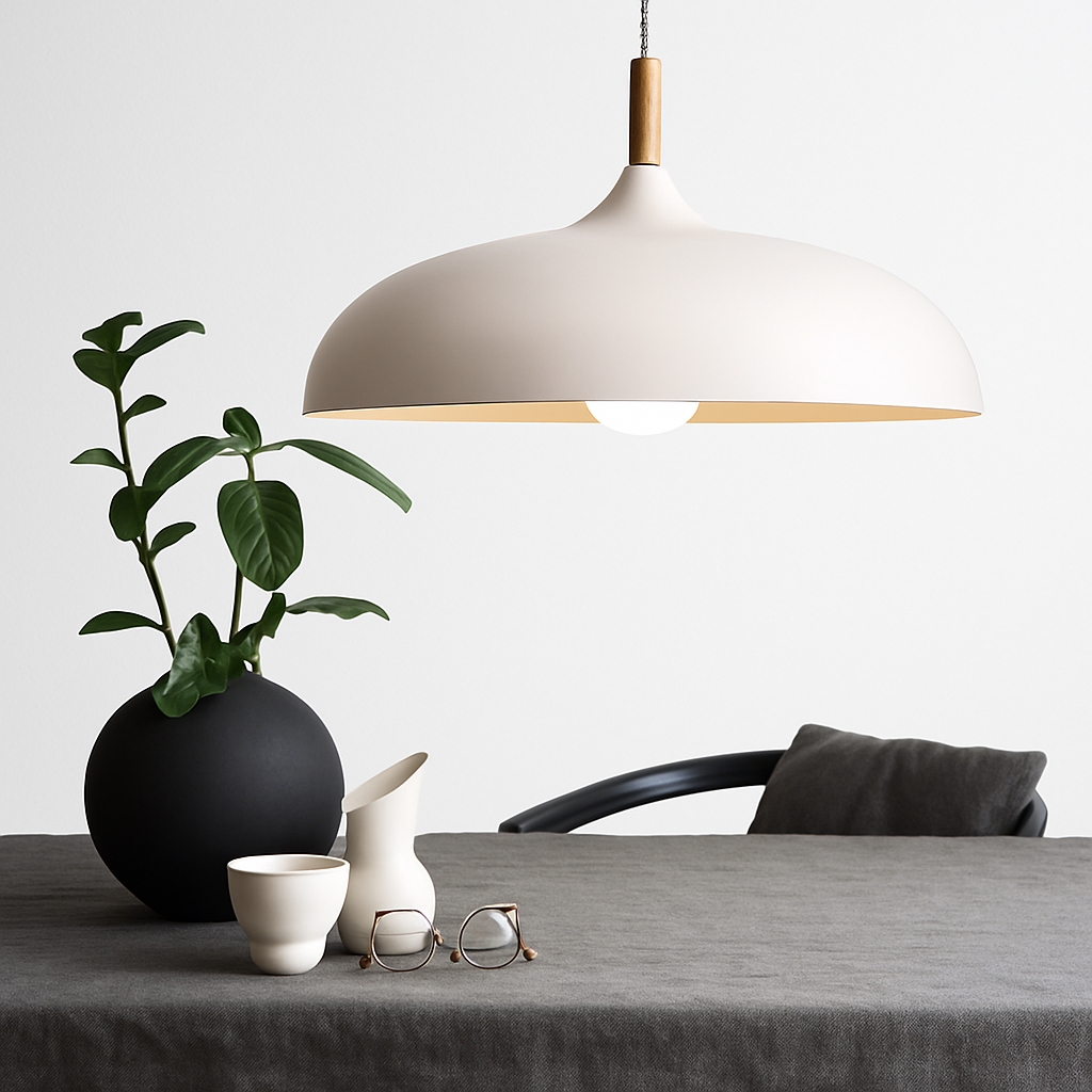 Aluminium Hanglamp in Kleur en Houten Stang Wood