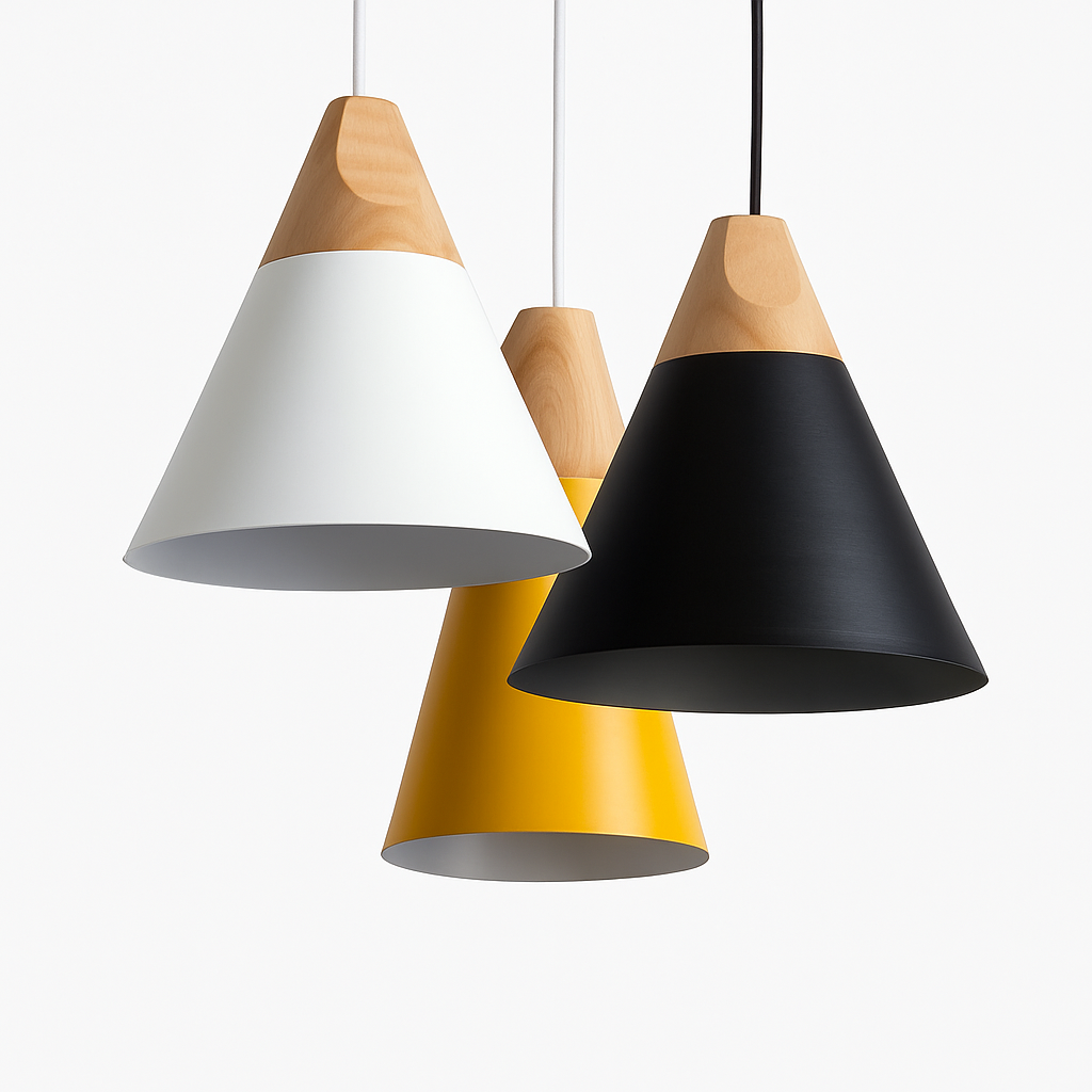 Hanglamp van hout en aluminium in kegelvorm