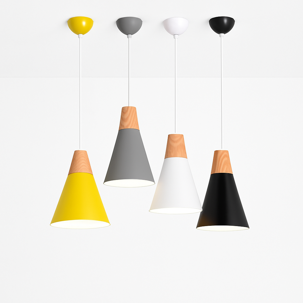 Hanglamp van hout en aluminium in kegelvorm