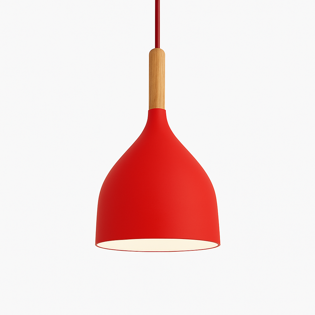 Kleurige metalen LED-hanglamp en houten stok in Nordic-stijl