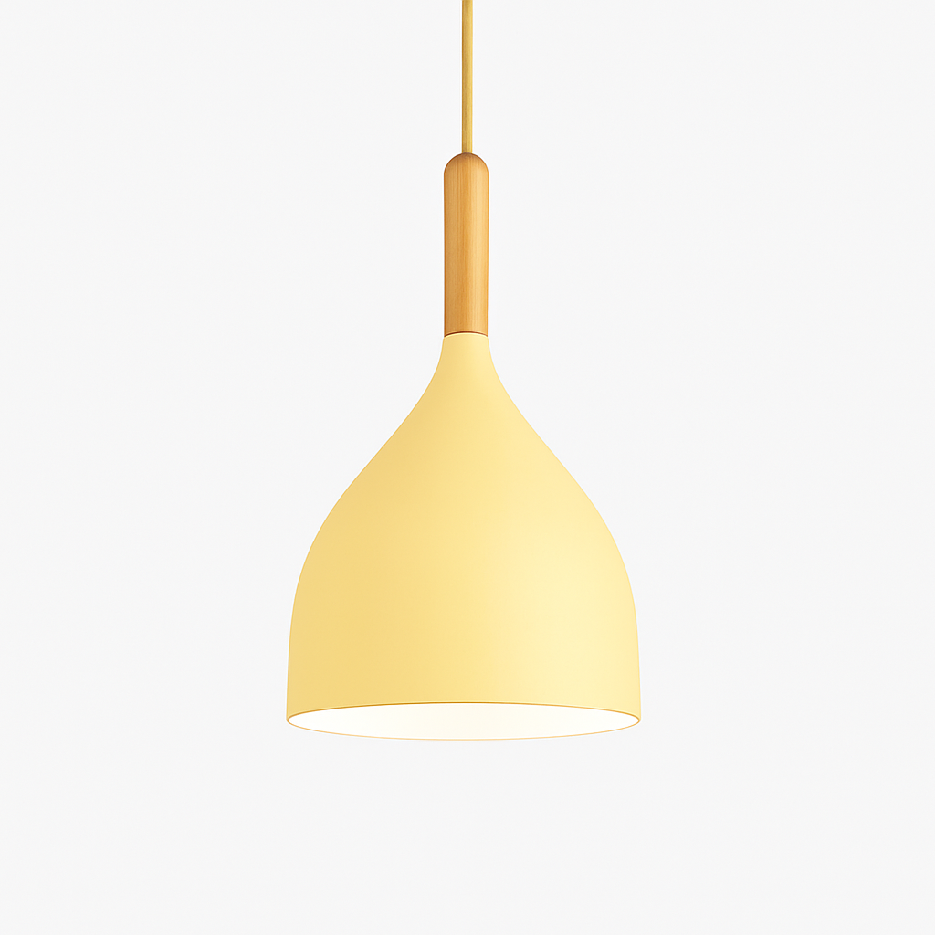 Kleurige metalen LED-hanglamp en houten stok in Nordic-stijl