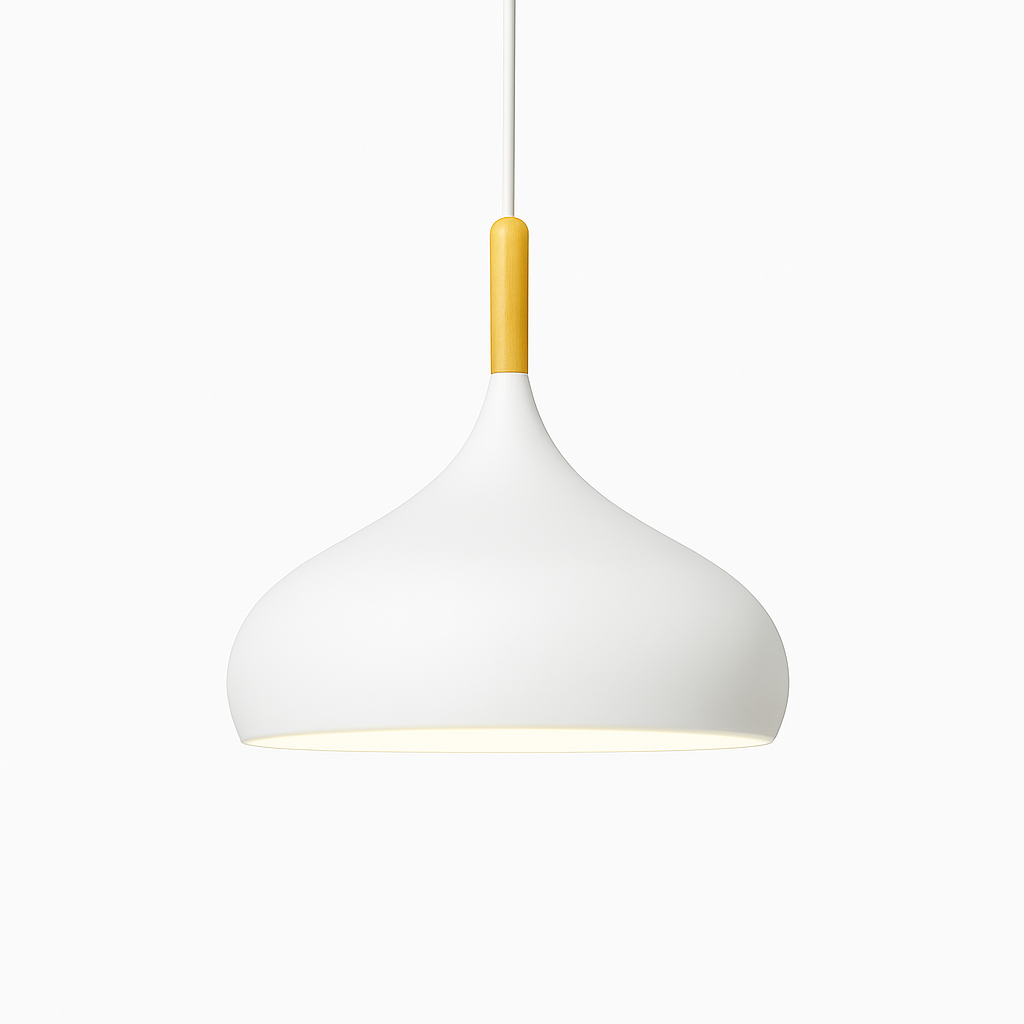 Kleurige metalen LED-hanglamp en houten stok in Nordic-stijl
