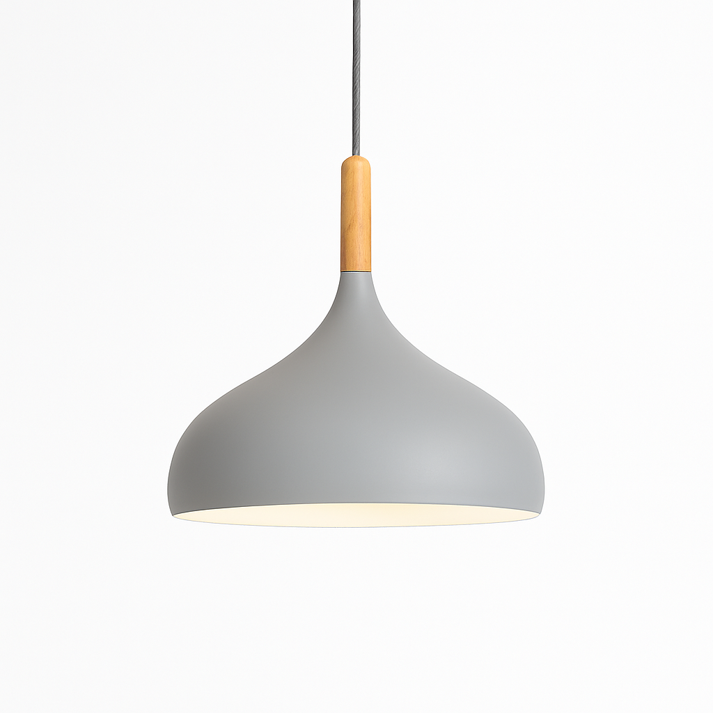 Kleurige metalen LED-hanglamp en houten stok in Nordic-stijl
