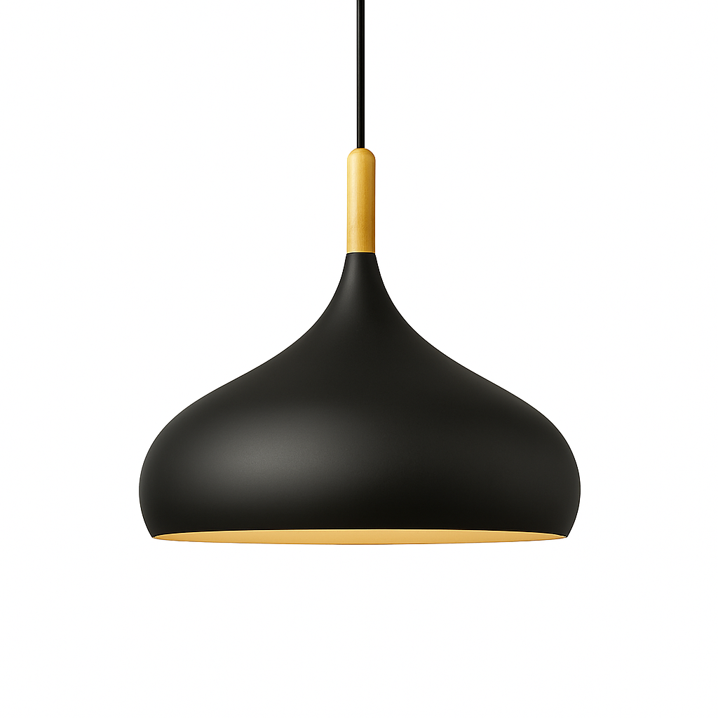 Kleurige metalen LED-hanglamp en houten stok in Nordic-stijl