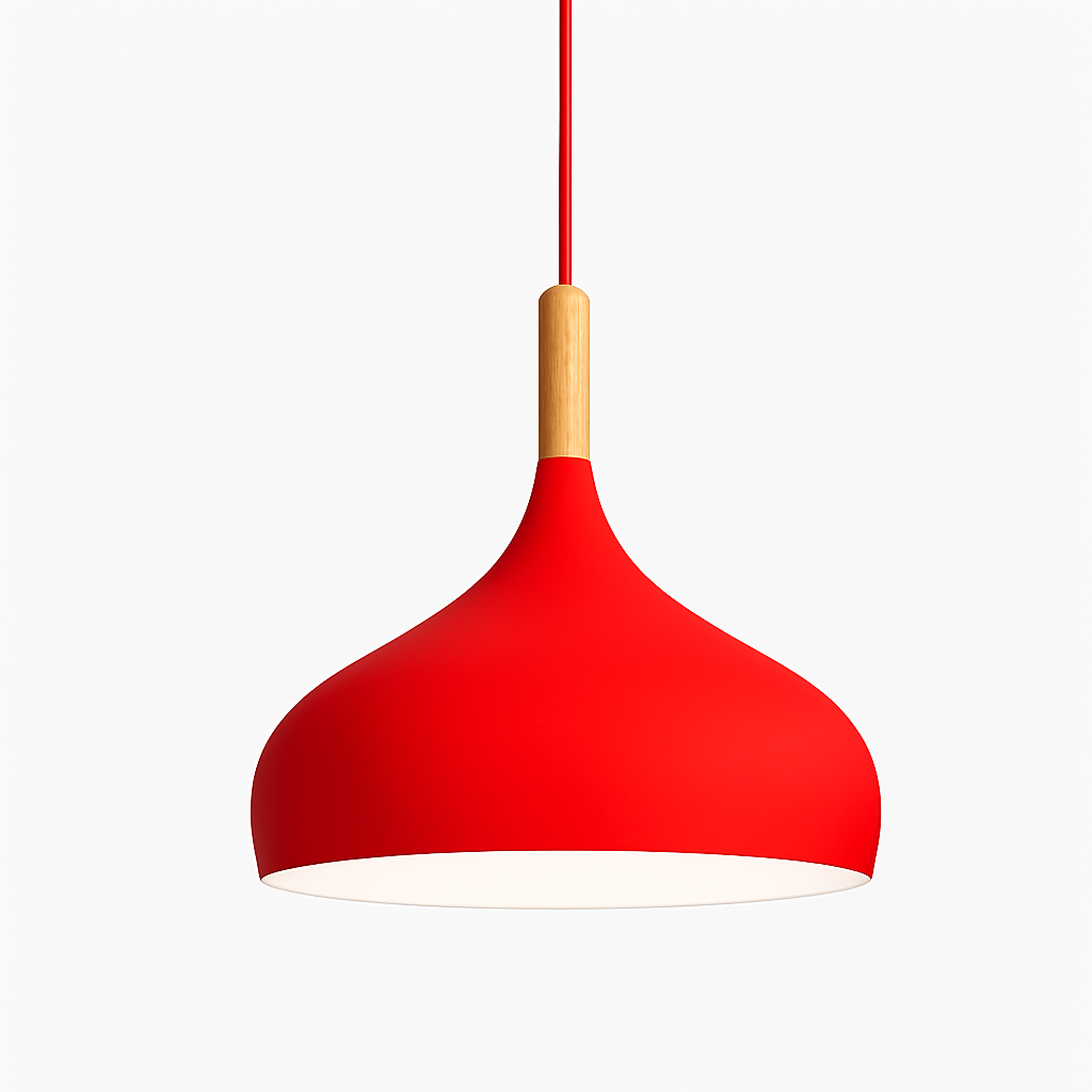 Kleurige metalen LED-hanglamp en houten stok in Nordic-stijl