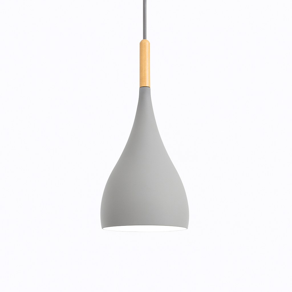 Kleurige metalen LED-hanglamp en houten stok in Nordic-stijl