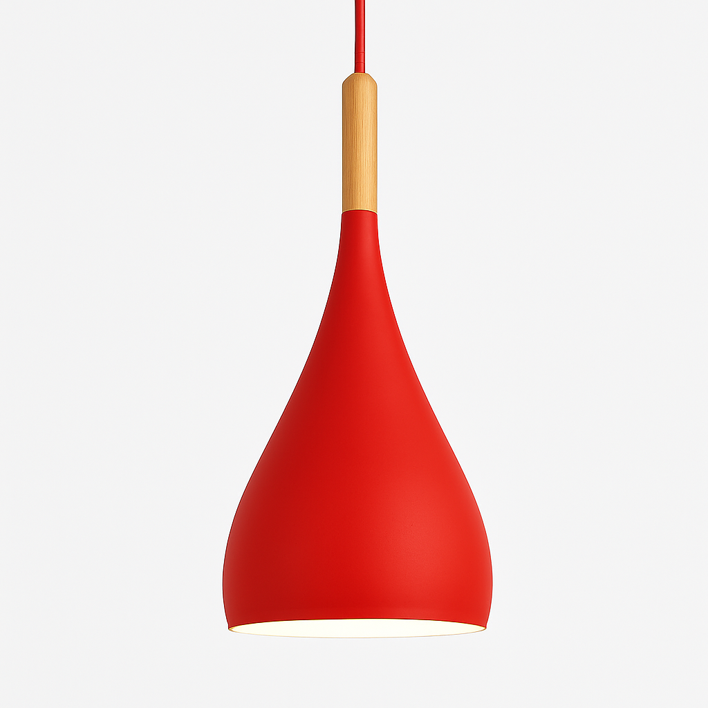Kleurige metalen LED-hanglamp en houten stok in Nordic-stijl
