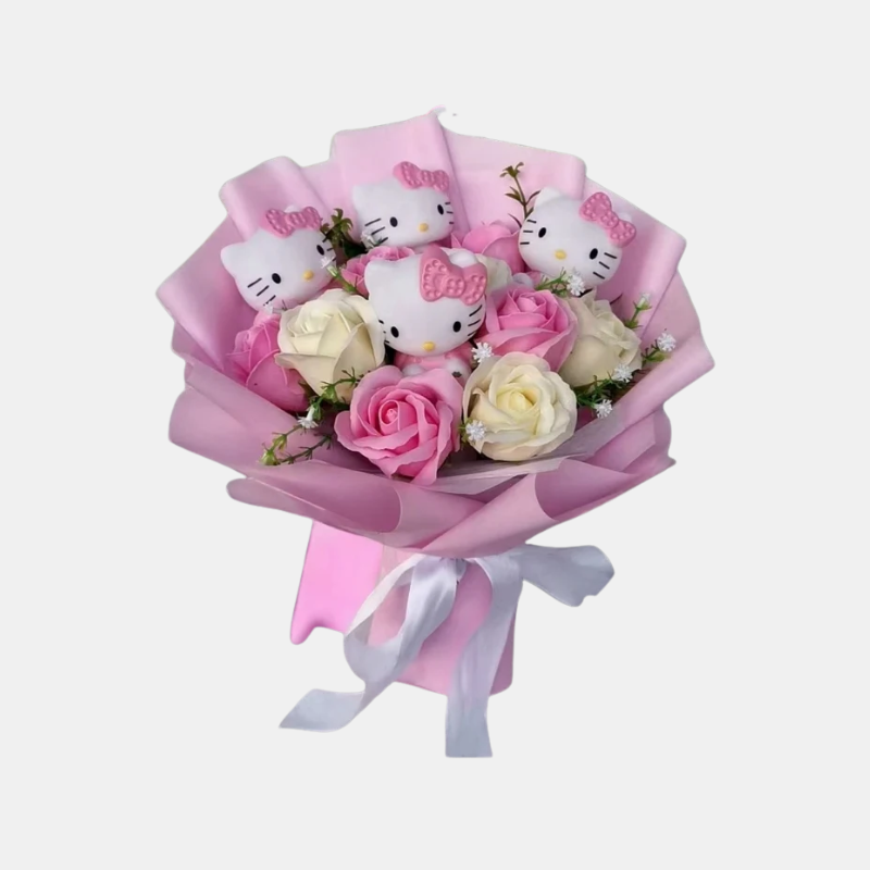 Kleurrijke Synthetische Bloemenboeket Met Hello Kitty Figuren Voor Cadeaus En Decoratie
