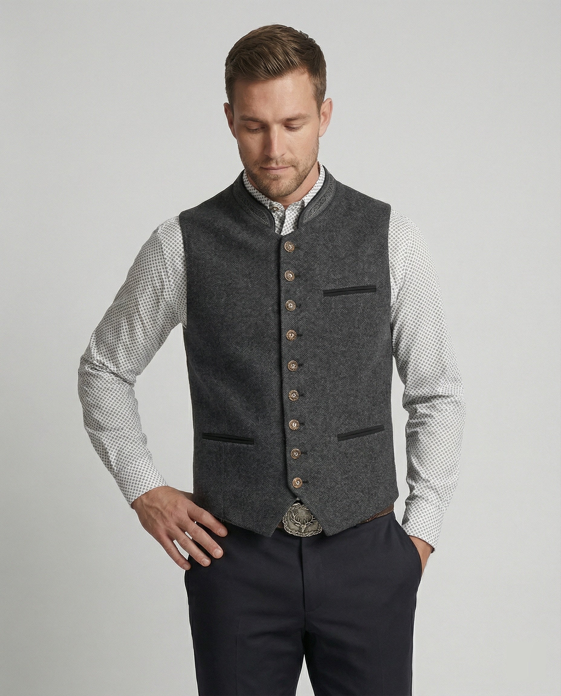 Heidi-Mode - Elegante Heren Trachtenvest Grijs Traditioneel