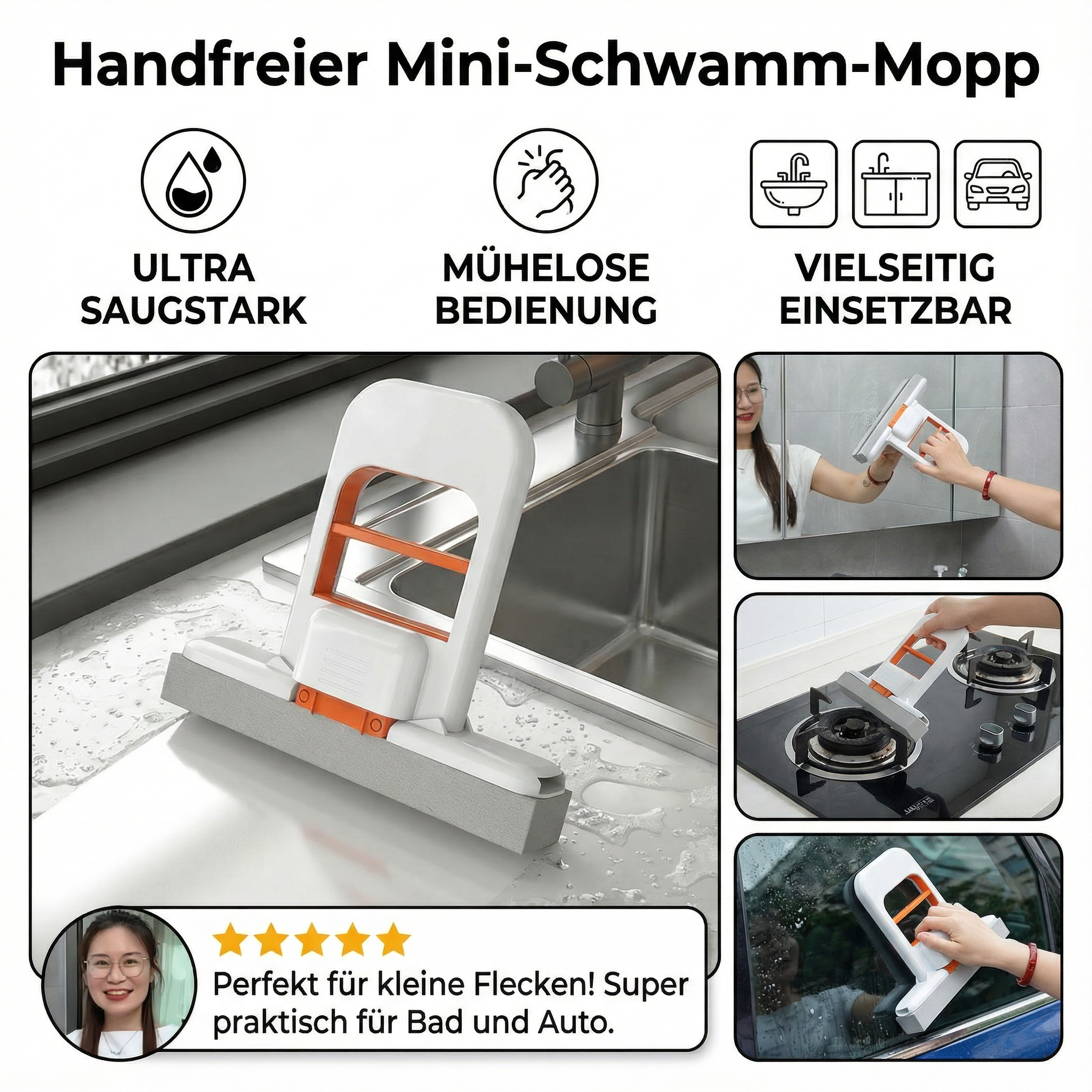 Handvrije Mini-Sponsmop – Sterk absorberende allesreiniger voor keuken, badkamer & auto