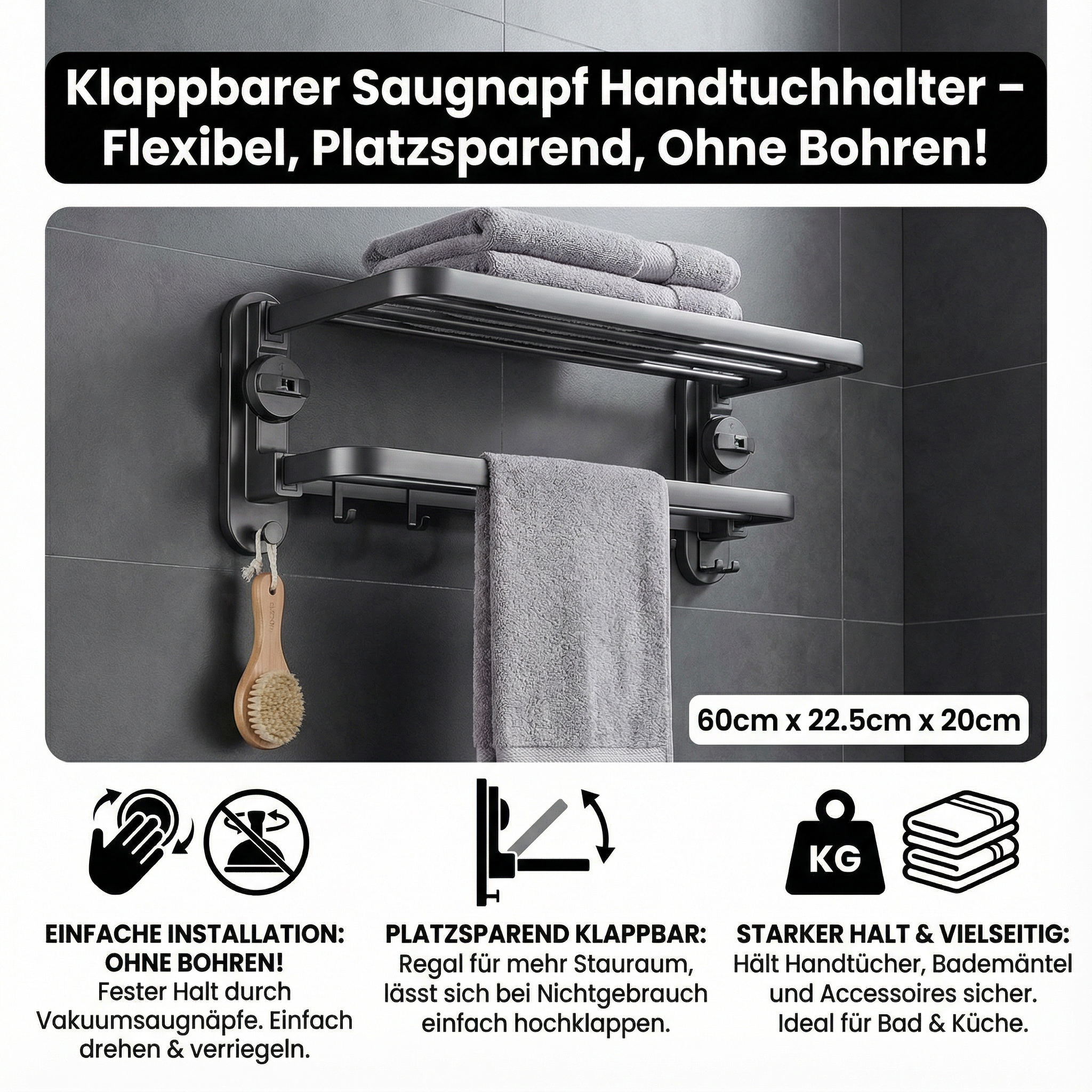 Opvouwbare Handdoekhouder met Zuignap voor Badkamer